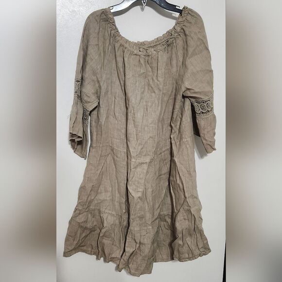 Terzo Millenio Made in Italy 100% Linen tiered mini sundress off shoulder M - Picture 4 of 6